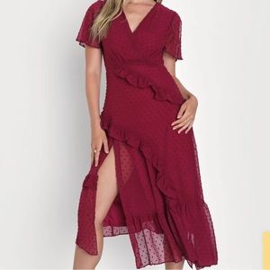 Lulu’s NWT Next to You Plum Swiss Dot Ruffled Midi Dress